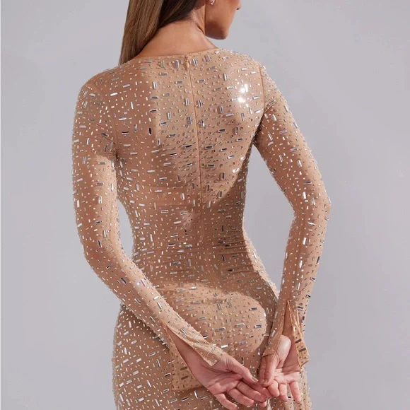 Oh Polly Tan Long Sleeve Dress with Silver Accents - Picture 2 of 2